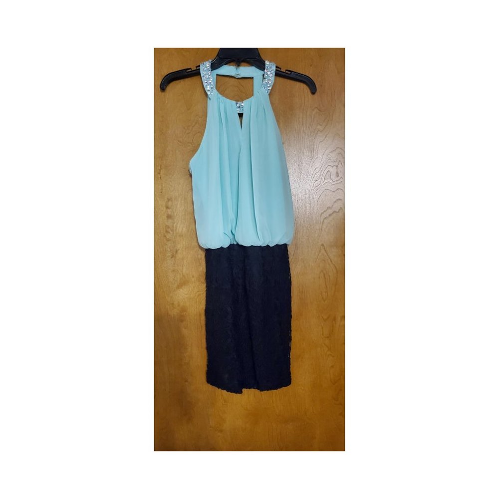 LIght Teal/Bluish Top with Black Straight Skirt Beaded